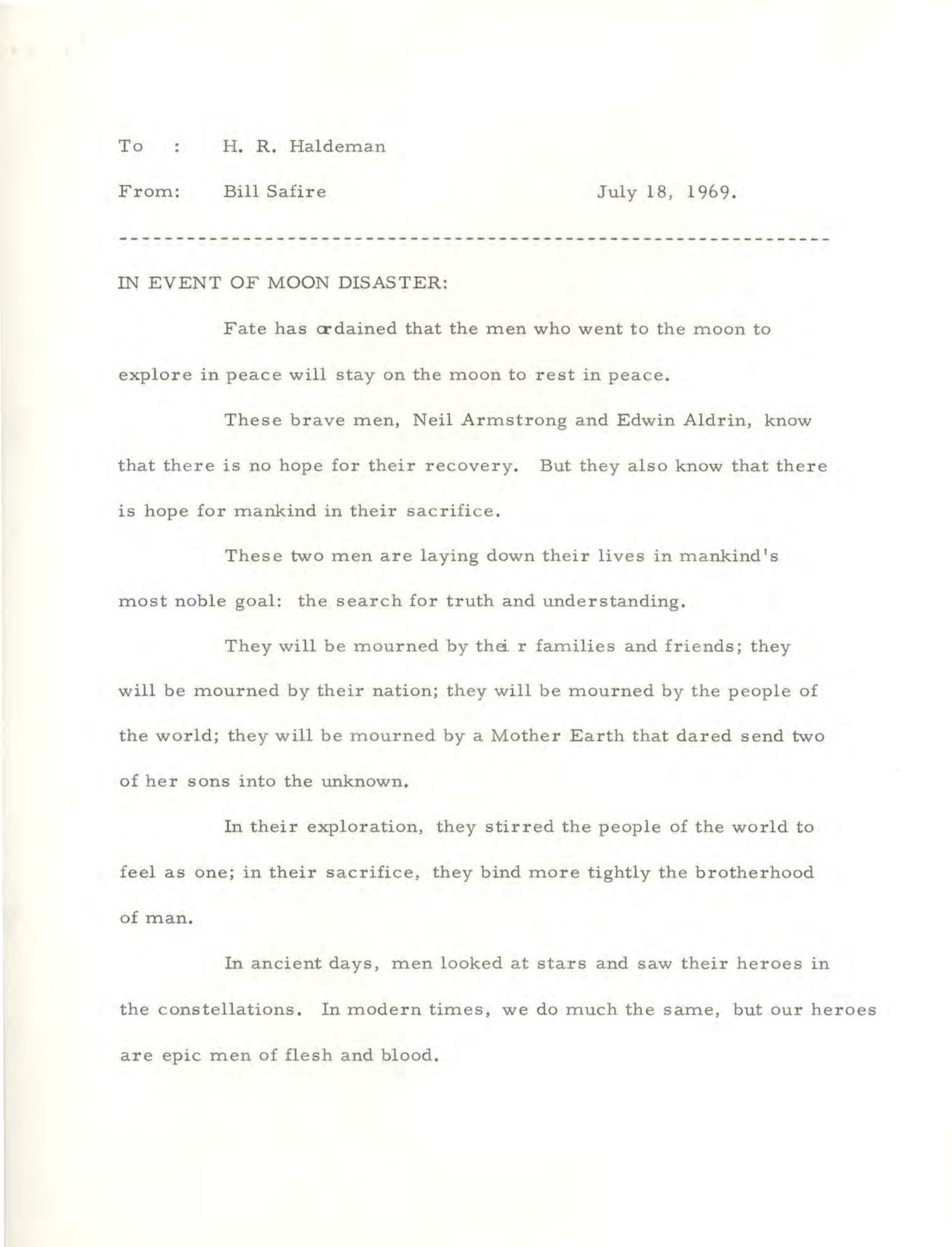 Page one of William Safire's In Event of Moon Disaster memo